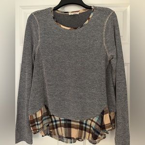 Brown and beige knit top with plaid shirt tale